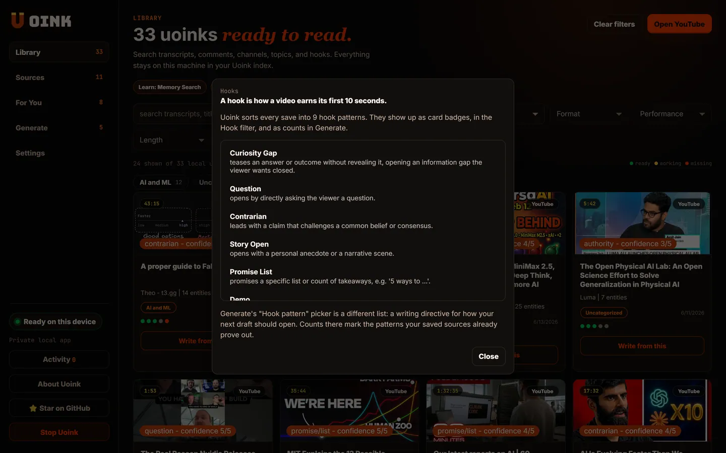 Uoink hooks explainer inside the dashboard: nine hook patterns a video can use to earn its first ten seconds, with the definition of a hook and examples.