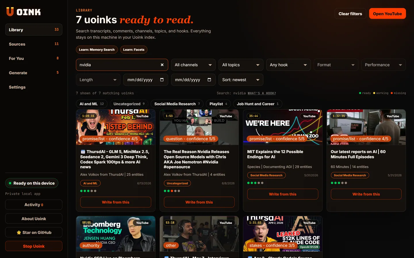 Uoink dashboard search: a query for nvidia narrows the local library to matching source cards, showing the full-text SQLite index that agents query through the MCP tools.