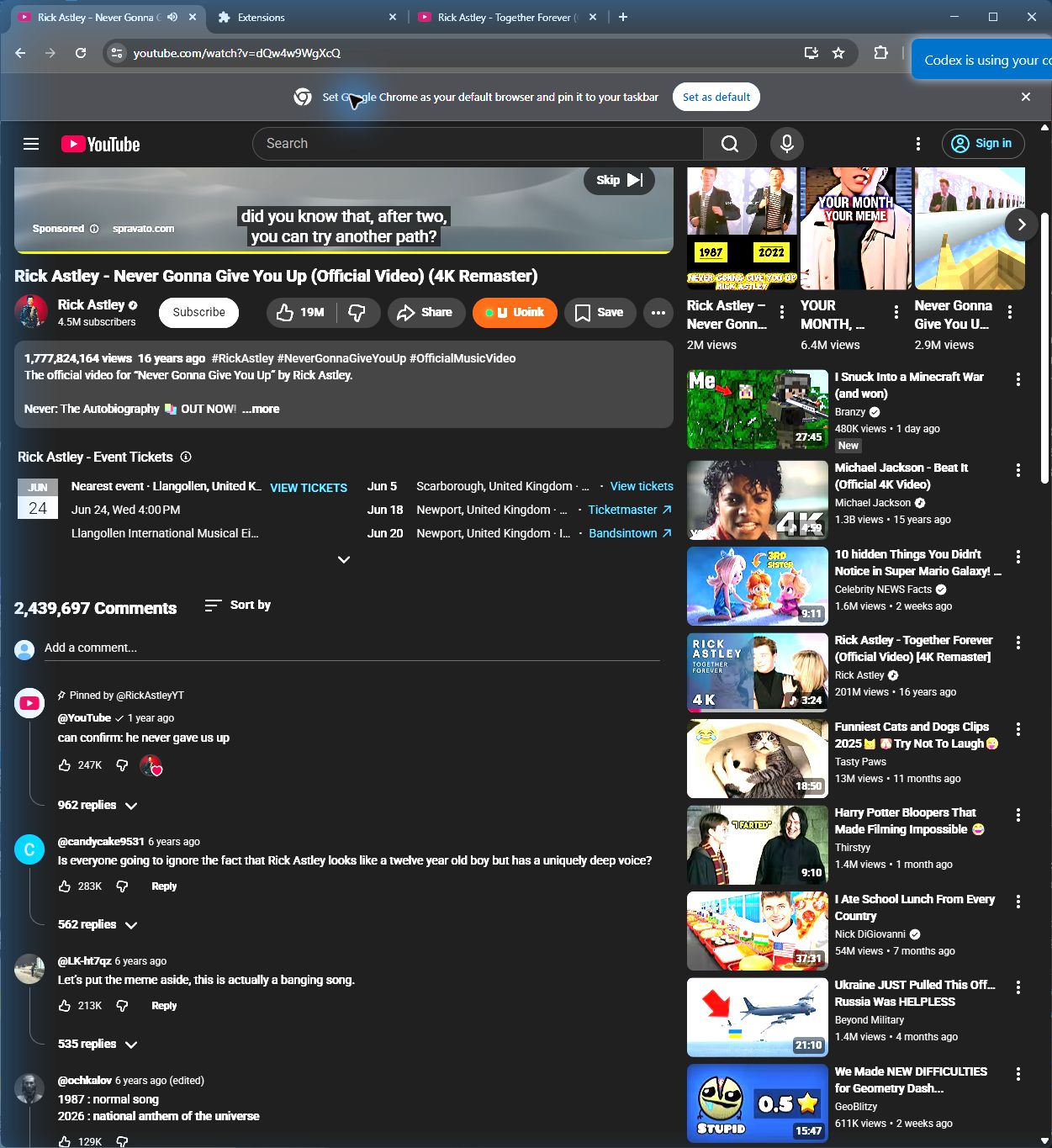 Rust Uoink button next to YouTube player actions
