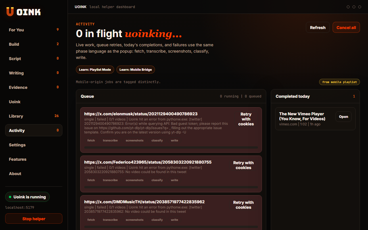 Uoink settings showing mobile bridge config