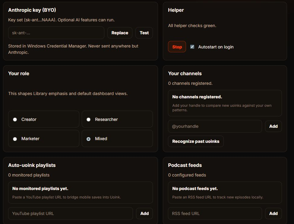 Uoink settings panel showing configurable capture surfaces